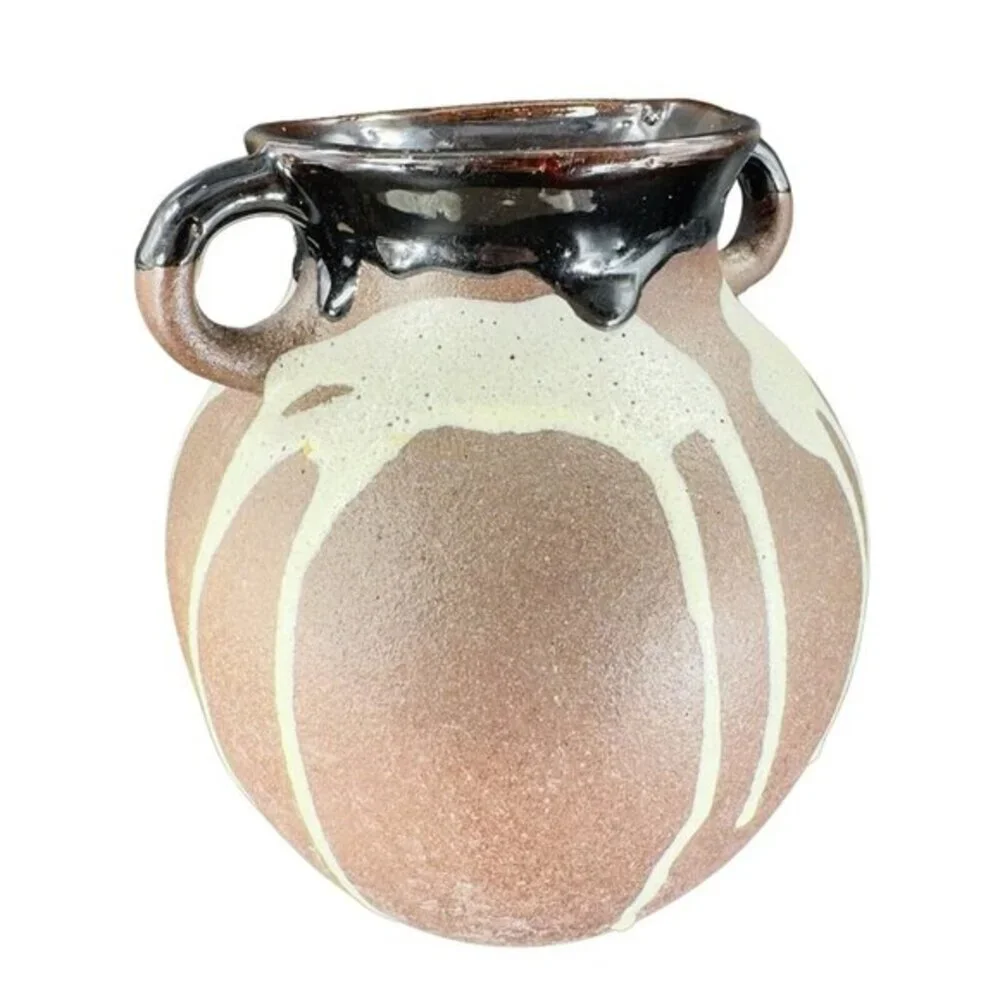 W Germany Pottery‎ Lava Glaze Vase Vessel Brown Drip Glaze RedWare With Handles